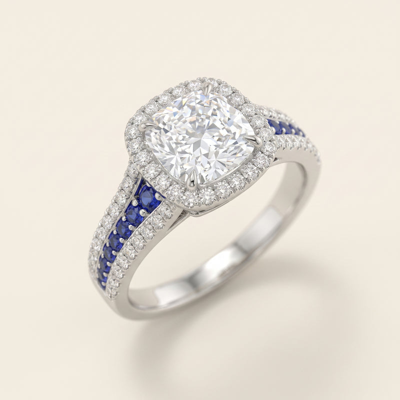 cushion halo, sapphire pavé band